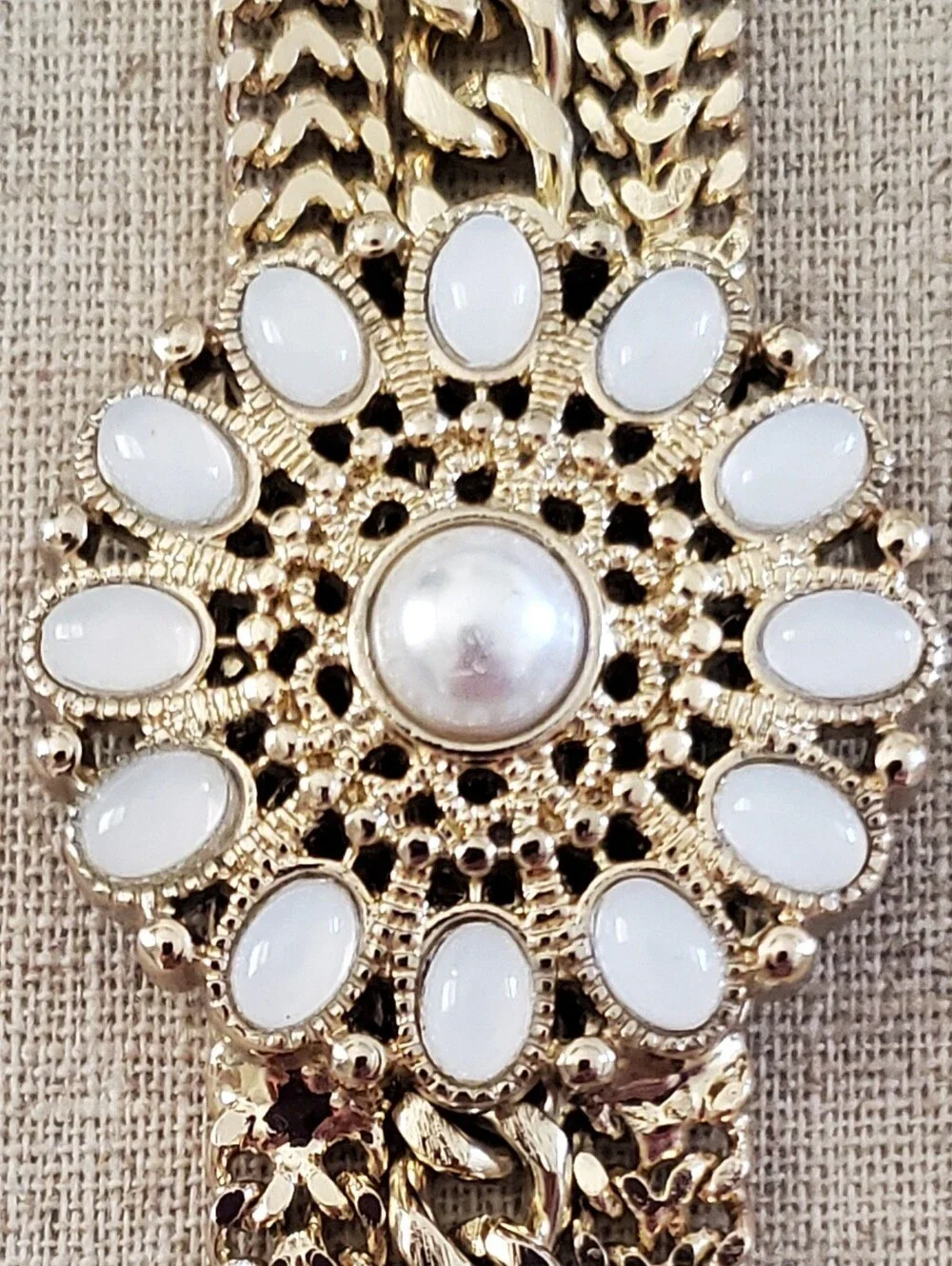 ​WHBM Gold-Tone Chevron & Curb Chain Faux Pearl Flower Medallion Bracelet